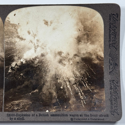 Explosion of a British Ammunition Wagon at The Front Struck Stereoview Card WWI