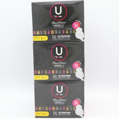 U By Kotex CleanWear Ultra Thin Pads w/ Wings Regular Absorbency 3 Pack 16 Ct Ea