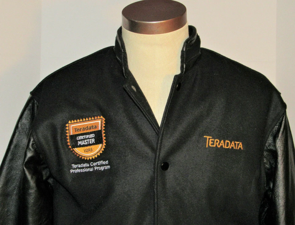 TERADATA 'CERTIFIED MASTER' BLACK WOOL VARSITY JACKET! LEATHER SLEEVES! NWT! S - Image 2 of 4