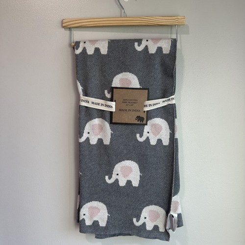 Made In India Elephants Gray Pink Cotton Knit Baby Blanket Lovey