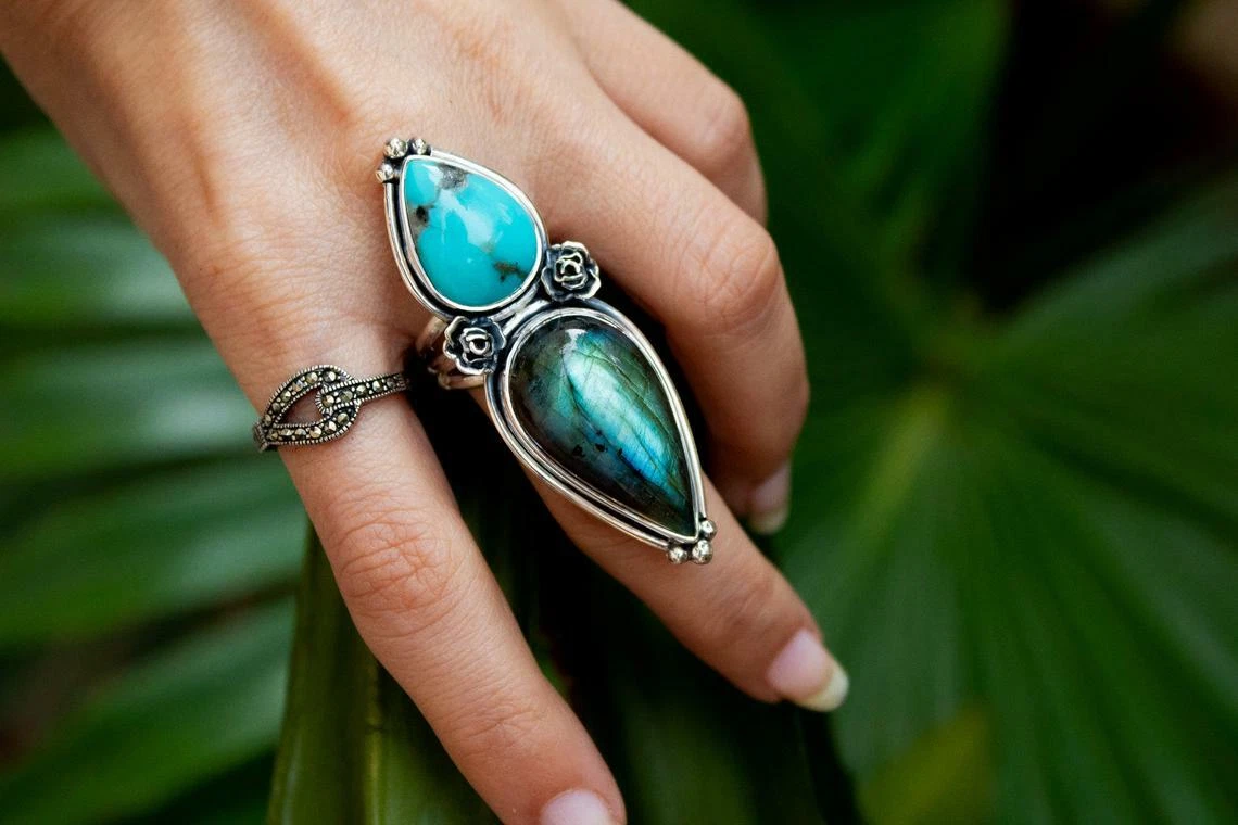 Labradorite Ring Labradorite and Turquoise 925 Sterling Silver Ring Artisan Ring