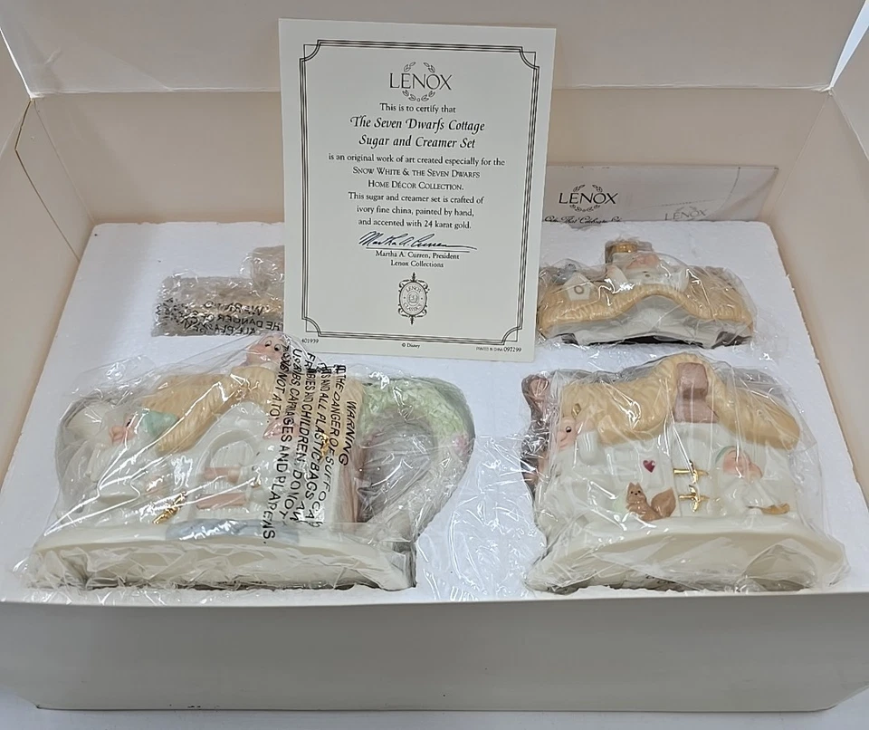 NEW Lenox Disney Seven Dwarfs 24-karat Gold Cottage Sugar and Creamer Set 2004 - Image 1 of 4