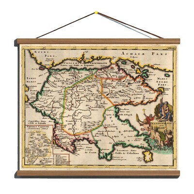 Ancient 1685 Antique Map Of Peloponnese region of Greece; Canvas, Wooden Hanger