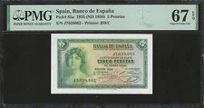 Spain, 5 Pesetas 1935 P-85a ☆ PMG 67 EPQ ☆ Superb Gem UNC