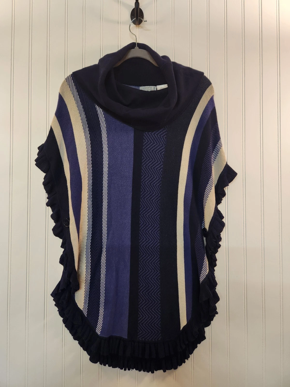 Joseph A Women's Blue Geometric Cowl Neck Knit Poncho Sweater Size L Boho Cozy