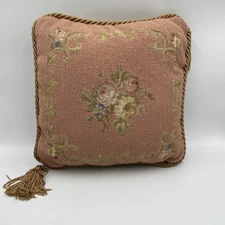 Vtg Aubusson Style Pillow Needlepoint French Country Floral Rose Garland Tassels
