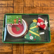 Dog Toy Set Christmas Holiday Winter 2 Dog Toys Squeaky Dog And Bowl.