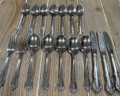 Vintage Oneida ARBOR ROSE /TRUE ROSE Stainless Steel Flatware Glossy 17pc Set