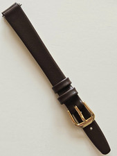 12mm / Long - Dark Brown Genuine Leather Watch Band - Gold Buckle / Pins