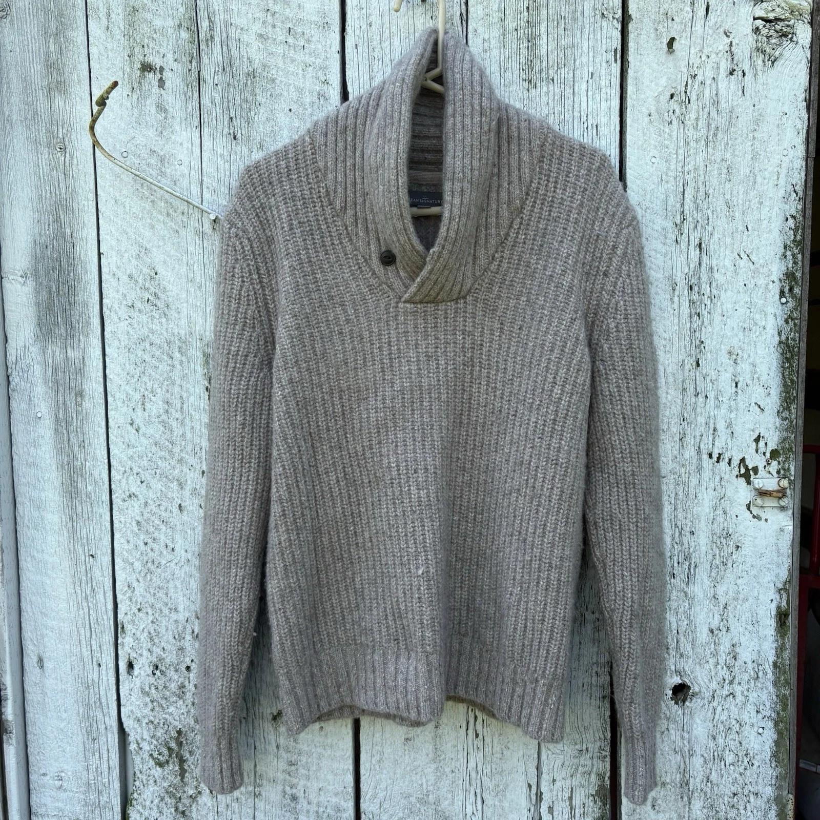 LL Bean Signature Sweater Mens Large Marbled Wool Blend Fisherman Knit Shawl