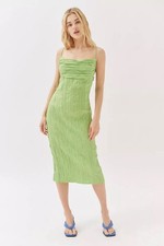 Urban Outfitters Tierra Plisse Dress Womens Size M Green Midi Spaghetti Straps
