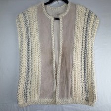Vintage Boho Crochet Knit Suede Panel Vest Cream Grey Cardigan