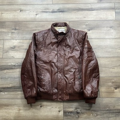 Vintage 90s Chess King Brown Leather Sherpa Lined Bomber Jacket Size 44 Large