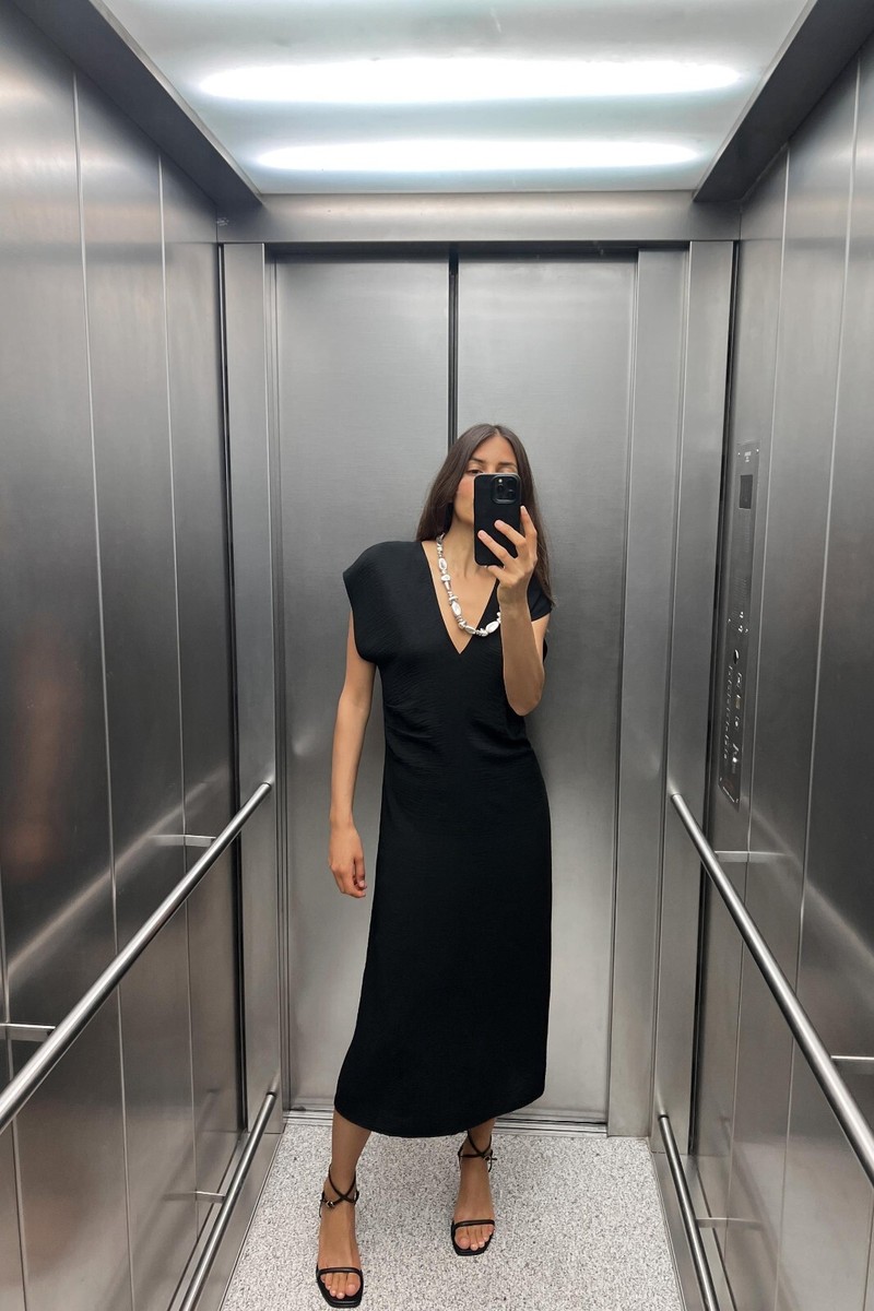 Zara Fluide Robe Avec Rassemblement Caftan Tunique Midi Noir L Grand 10 38