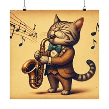 Matte Square Poster Wall Art Vintage Style Whimsical Cat Saxophone Music Decor