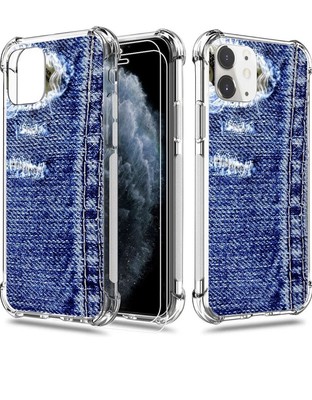 Blau Denim Jeans gemustert Silikon weich Handy Hülle Cover Bildschirm iPhone 6 7 8 SE
