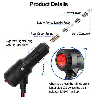 2PCS Car Cigarette Lighter Plug, 3.28ft Extension Cord Cable, On/Off  Switch, 12V
