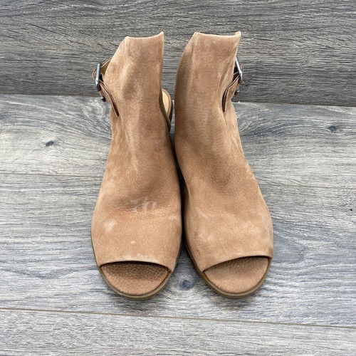 Lucky Brand Boho Sling Back Block Heel Bootie Shoes Women's Size 7 Tan Peep Toe - Picture 8 of 14