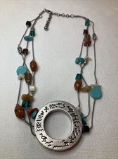 Heavy Unique Egyptian Writing Silvertone Pendant Beaded Chain Necklace 
