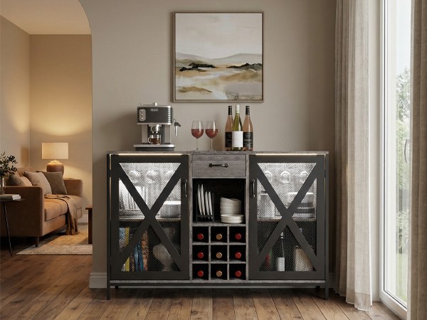 Wooden Wine Cabinet, Vintage Wood Bar Storage Cabinet+Drawer Wine Bottle Display