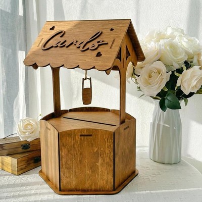 Brown Wood Wishing Well Wedding Card Box for Reception, Rustic Wooden Boxes M...