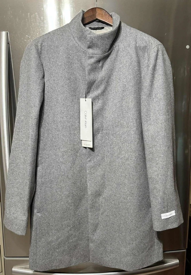 $497 Calvin Klein Hombre Gris Claro Mayden Calce Ajustado Lana Abrigo Chaqueta Talla 40S Foto 2 de 4