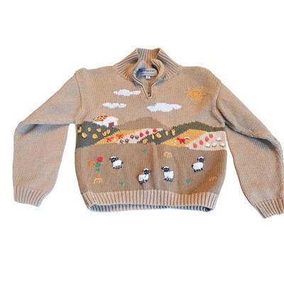 Gougane Handmade Knit Sheep Landscape Quarter Zip Sweater Tan Kids Size 7