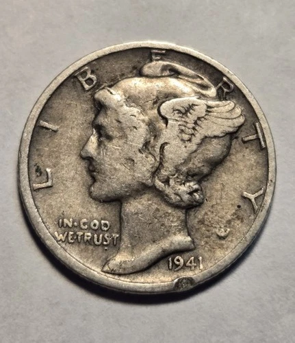 1941 Mercury Dime Very Good - Fine VG-F Details 90% Silver Coin, Rim Ding
