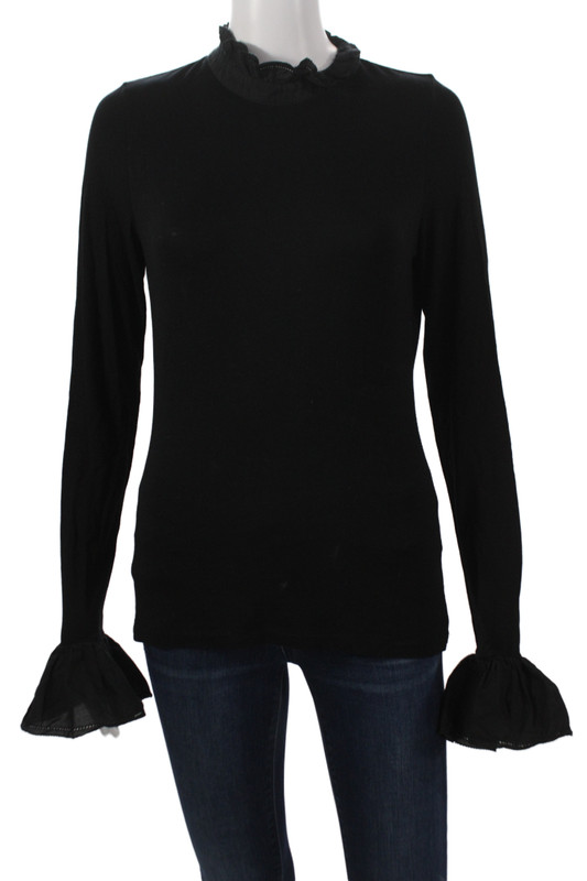 Me + Em Women Black Jersey Blouse High Neck Long Sleeve Zip Victorian Size 4