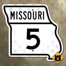 Missouri state Route 5 highway road sign Boonville Lebanon Camdenton 7x7