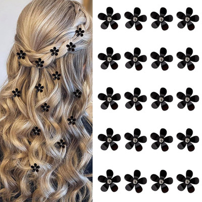 YISSION Hair Clip 20Pcs, Mini Black Flower with Rhinestone, Cute Hair Clips, Dec