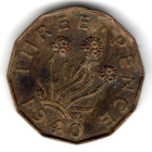 1940 Georgivs VI D:G:BR:OMN:REX F:D:IND:IMP Three Pence coin — photo 2