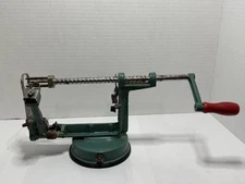 Vintage Green Metal Hand Crank Apple Peeler Corer with Locking Suction Base