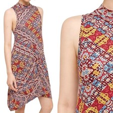 Anthropologie Maeve Lilt Mini Swing Dress Mock Neck Geometric Print Jersey Red M