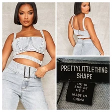 Pretty Little Thing Shape Size 6 Denim Bralette Top Belt Detail Light Blue NWT 