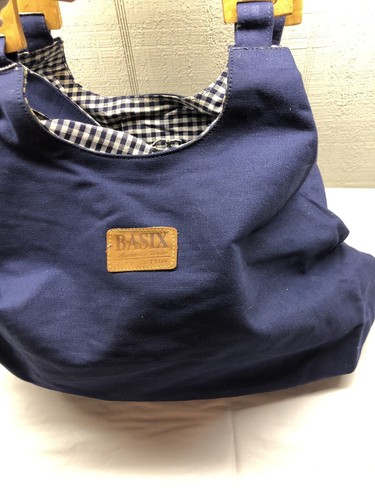 NWT Vintage Blue Basix Canvas Tote Bag With Wood Handle Gingham Checkered Lining - Picture 4 of 13