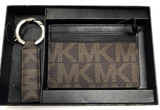 MICHAEL KORS BROWN MK LOGO SIGNATURE SLIM CARD CASE MEN'S WALLET + FOB KEY RING
