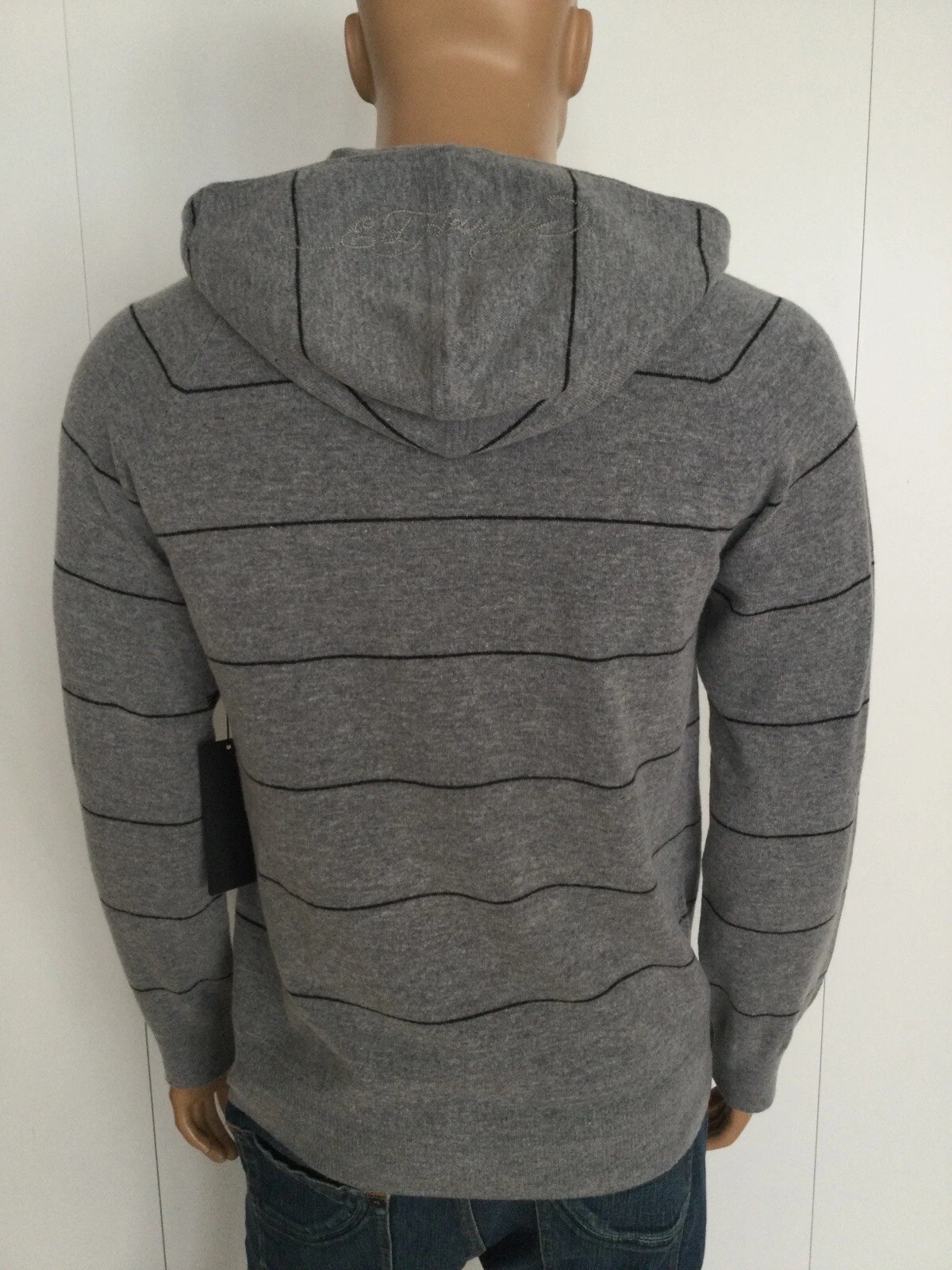 OFF WHITE Felpa con cappuccio grigia a righe Ed Hardy di Christian Audigier taglia M