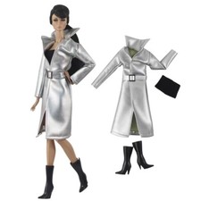 Silver Leather 11.5" Doll Clothes Set Outfits Parka Boots Long Coat Jacket 1/6