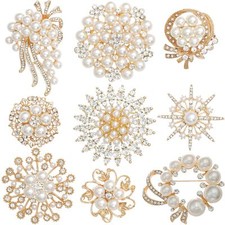 9 Pack Gold Rhinestone Flower Brooch Pin Set for DIY Wedding Party Bouquets E...