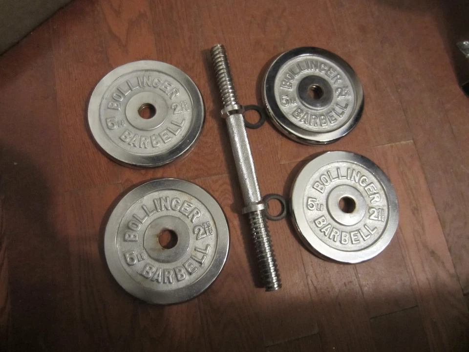 20lb BOLLINGER Barbell (4) 5LB Threaded Weight Plates CHROME with Dumbbell Bar - Image 2 of 4