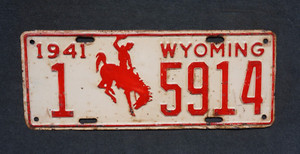 1941 Wyoming License Plate - Original Paint