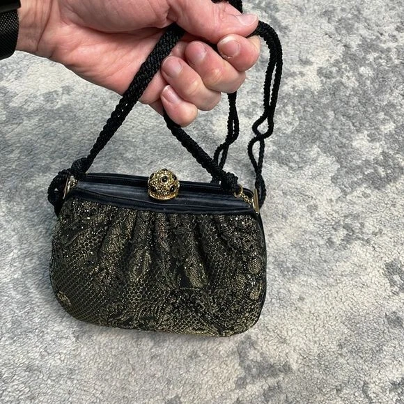 Judith Leiber Floral Lace Rhinestone Clutch Sparkle Evening Bag Black Gold - Image 3 of 4