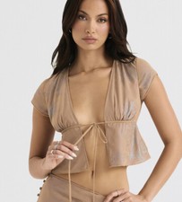 New House of CB Maia Tie Front Sheer Georgette Crop Top Shimmer Cafe  Women's XS