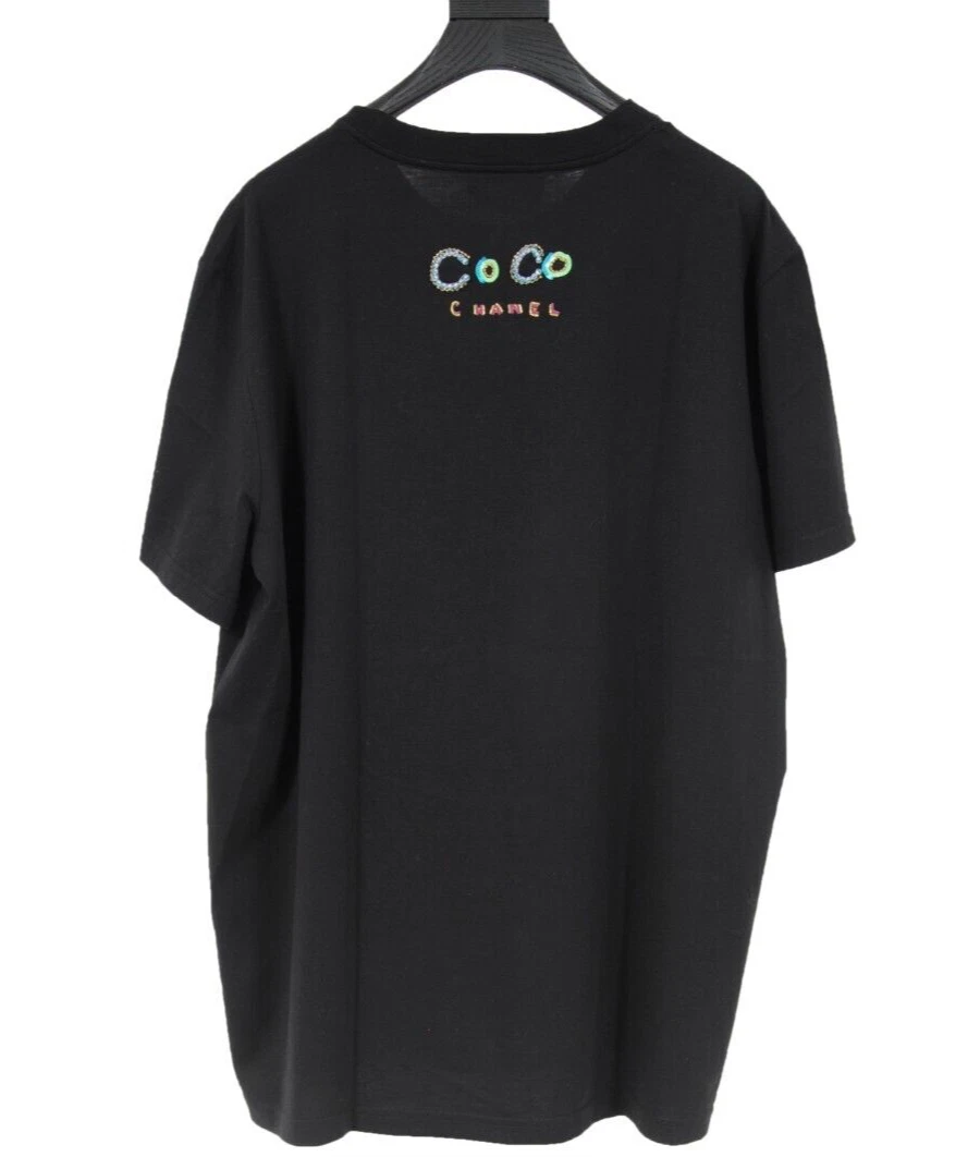 Chanel Pharrell Mens T Shirt XL Black Sequence Coco Logo Cotton Short Sleeve