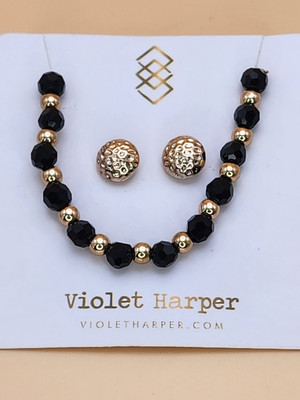 New VIOLET HARPER Signed Black & Gold Textured Necklace & Earrings Set FREE $HIP