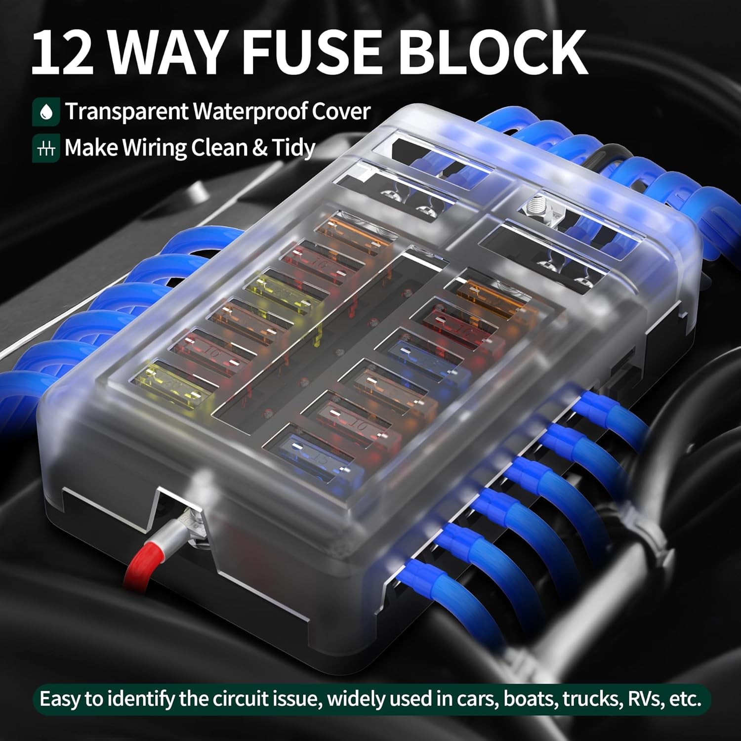 DaierTek 12 Way Fuse Block, 12 Volt Blade Block with 12 