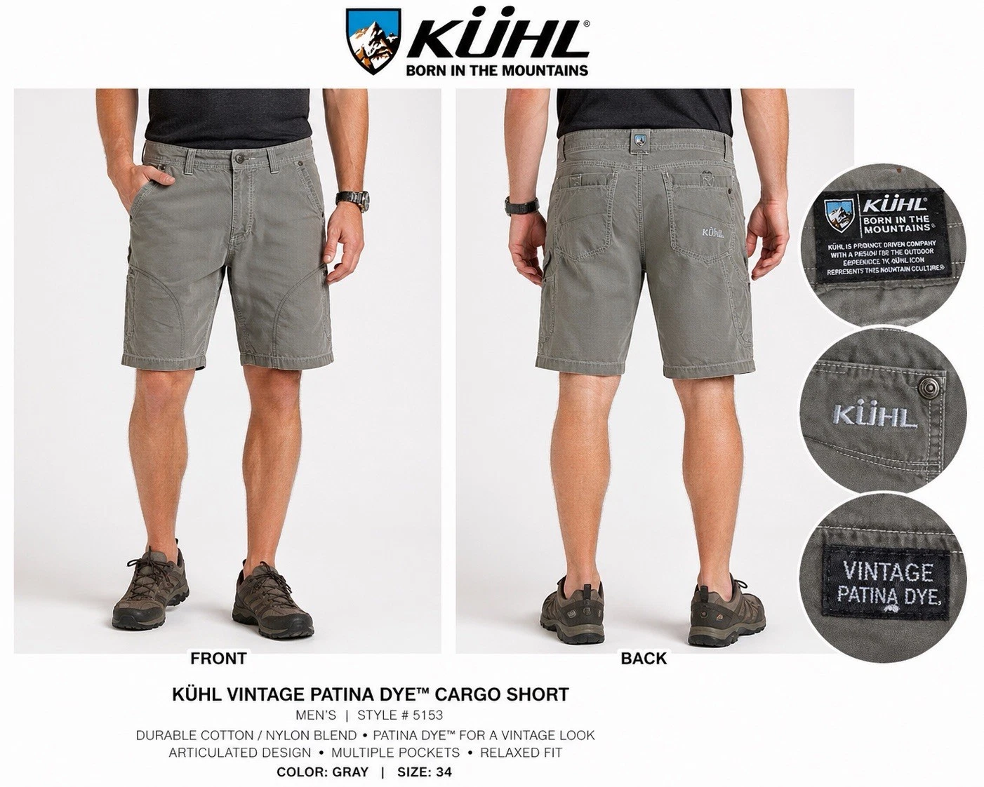 Kuhl Vintage Patina Dye Cargo Shorts Men’s 34 Gray Outdoor Hiking Cotton Nylon