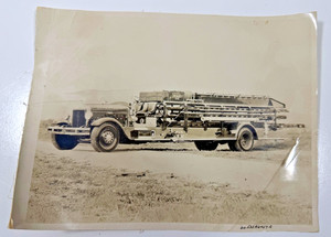 Vintage 8 x 10 photo of an antique fire truck, ladder truck.  On a cavas backing