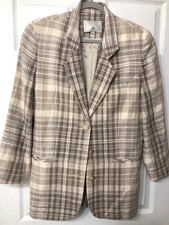 Vintage 90s EXPRESS Blazer Jacket Compagnie Internationale Plaid Brown Linen S